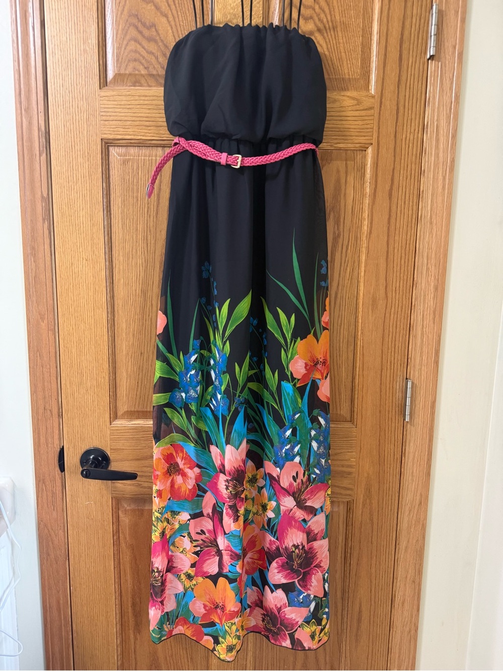 Maurices Midnight Blue/Black Strapless Maxi Dress with Floral Hem and Pink Belt